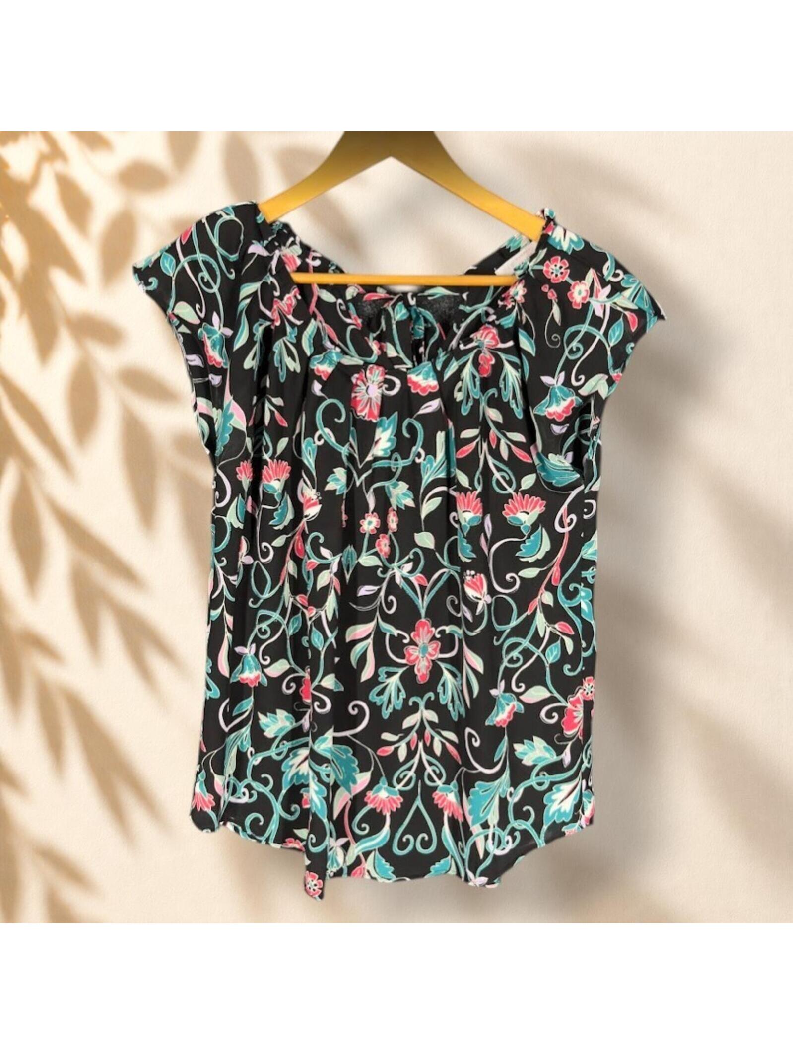 Lc Lauren Conrad Blouse Women M Medium Black Floral Short Sleeve Round Neck